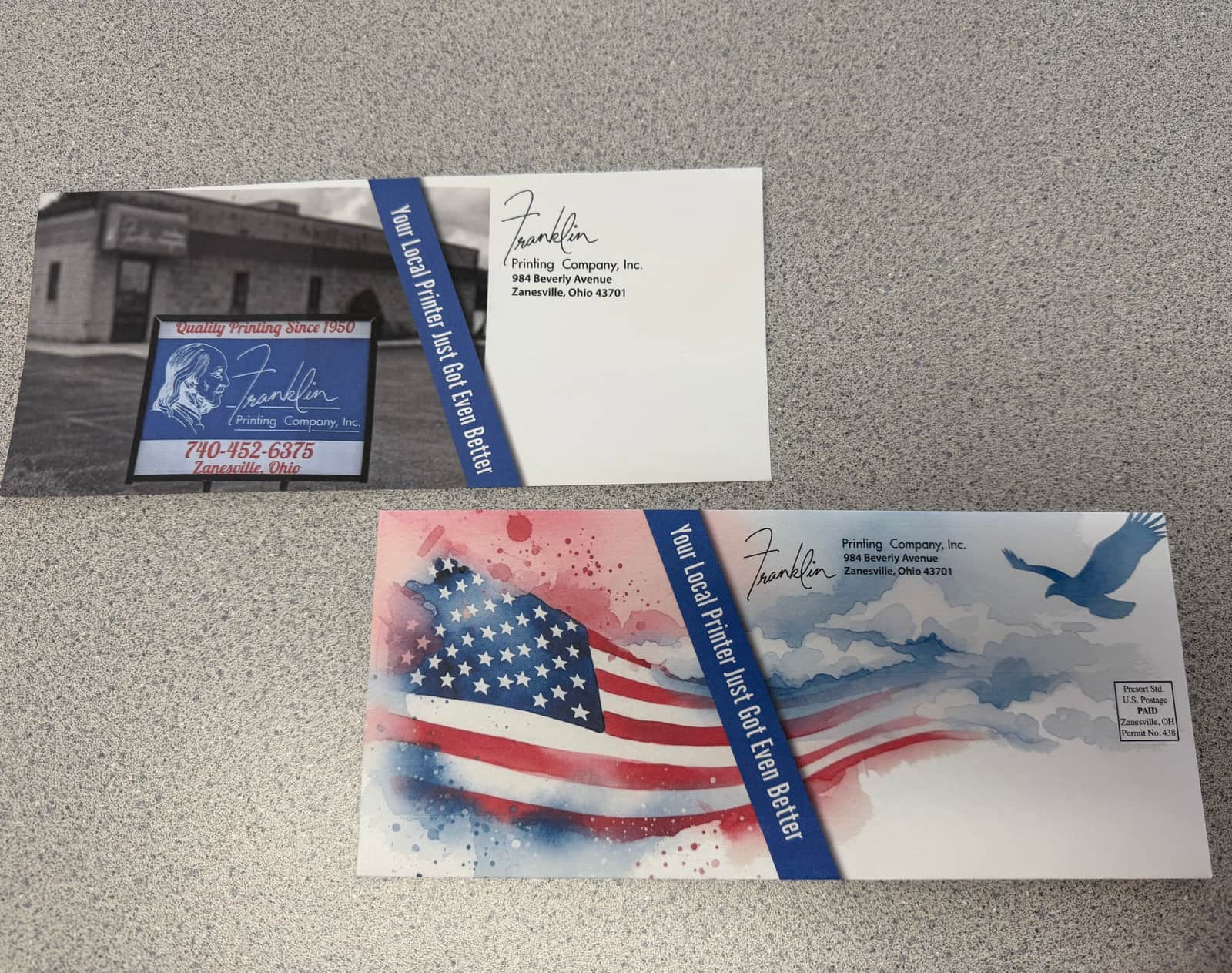 Two Franklin Printing self-mailers, one with a printed postage-paid mark